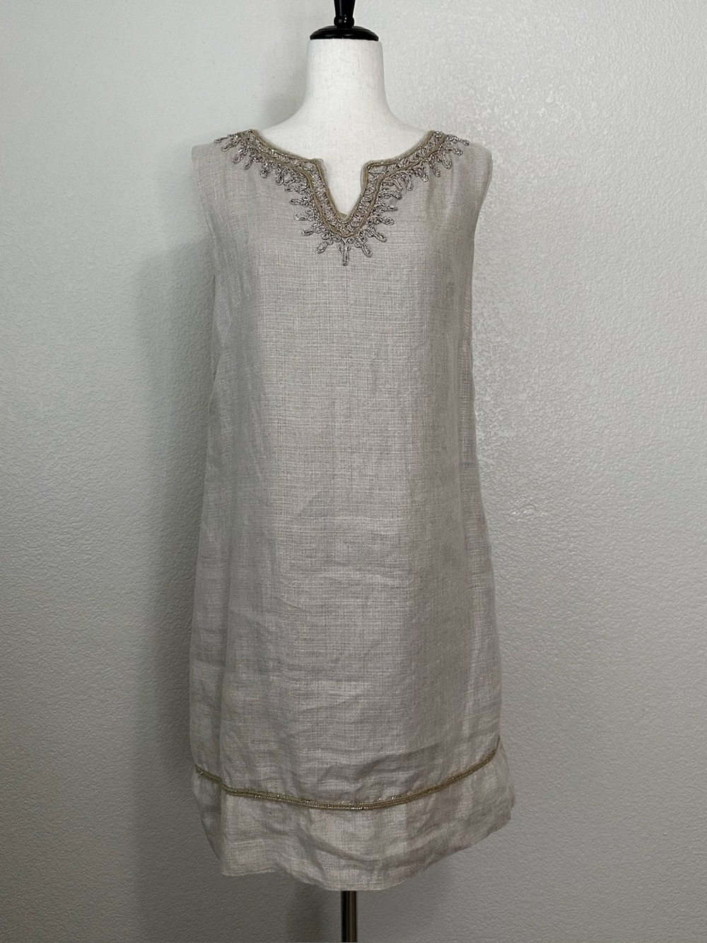 NWOT Ann Taylor Loft 100% Linen Beige Embroidered Glitter Shift Dress, Size 6